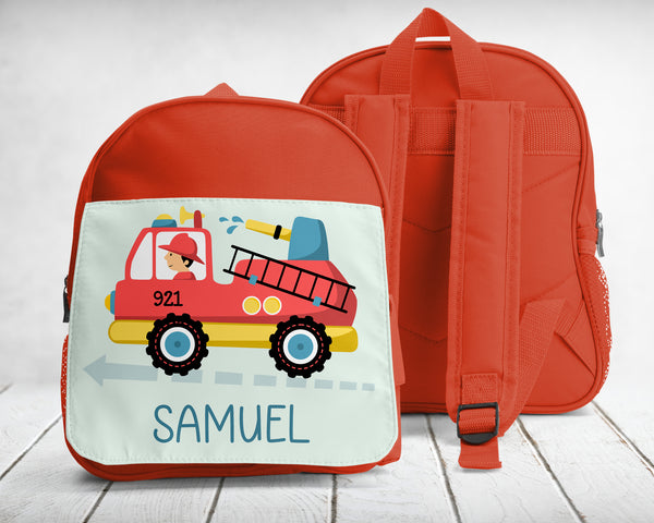 Cartable enfant bleu, rouge ou rose, maternelle-sport, à personnaliser, Modèle Camion de Pompier 01
