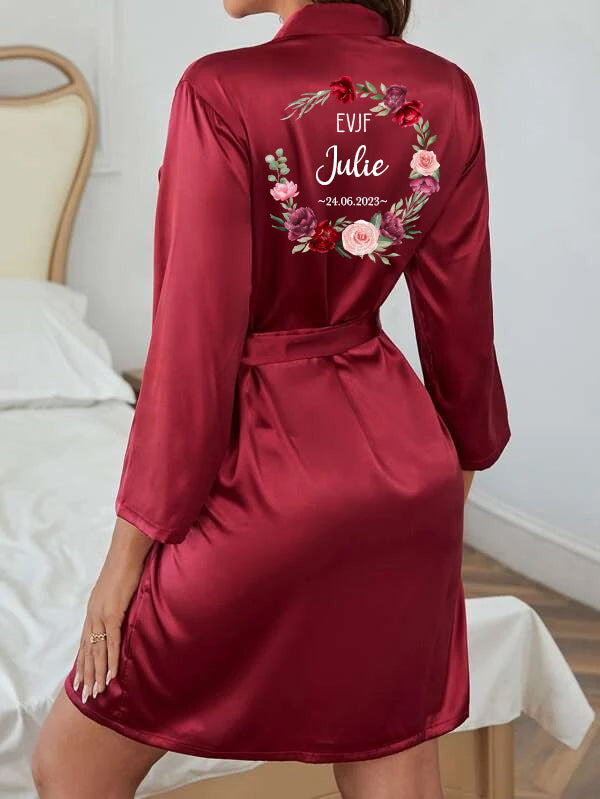 Peignoir en satin personnalisé pour Mariage, EVJF, Couronne de fleurs