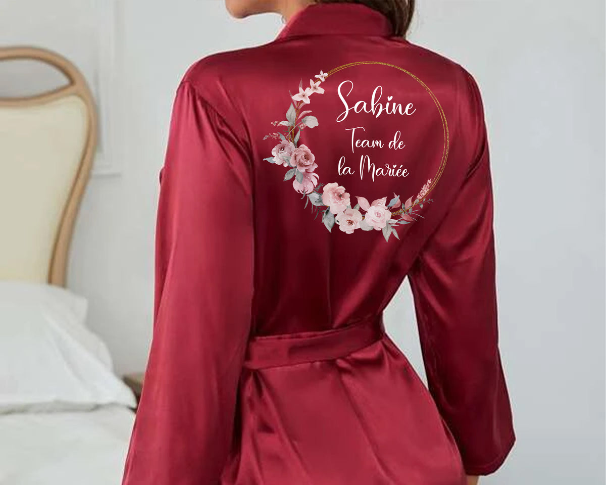 Peignoir en satin personnalisé pour Mariage, EVJF, Couronne de fleurs