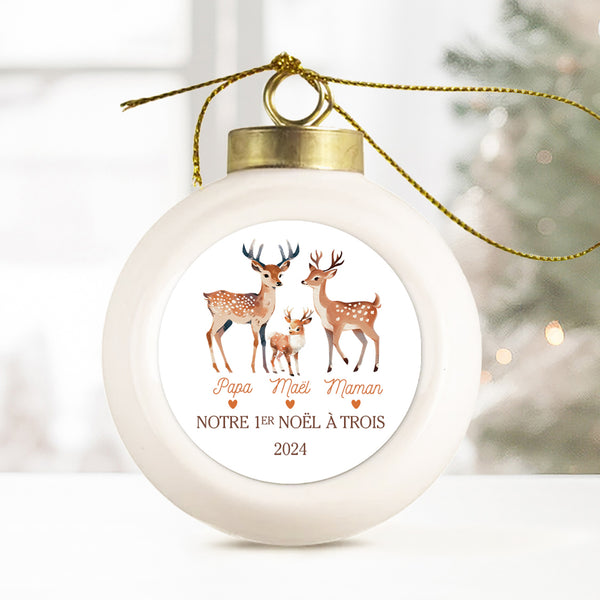 Boule de Noël en porcelaine personnalisée, Modèle Famille, Notre premier Noël