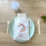 Serviette de table personnalisée pour enfant en maternelle + Pochon de rangement, Modèle Licorne