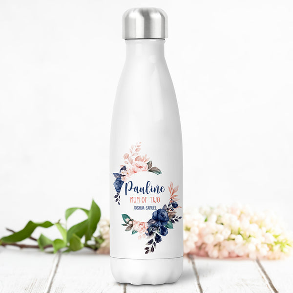 Bouteille isotherme personnalisée, Modèle Couronne de fleurs, rose et bleu