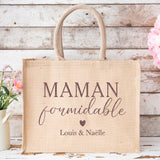 Sac cabas en toile de jute personnalisé, Modèle Maman formidable, Mamie adorée, Nounou en Or...