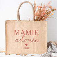 Sac cabas en toile de jute personnalisé, Modèle Maman formidable, Mamie adorée, Nounou en Or...