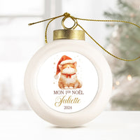 Boule de Noël en porcelaine personnalisée, Modèle Les Animaux d'un Noël en Or - Chat