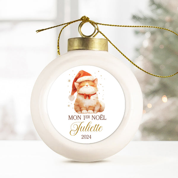 Boule de Noël en porcelaine personnalisée, Modèle Les Animaux d'un Noël en Or - Chat