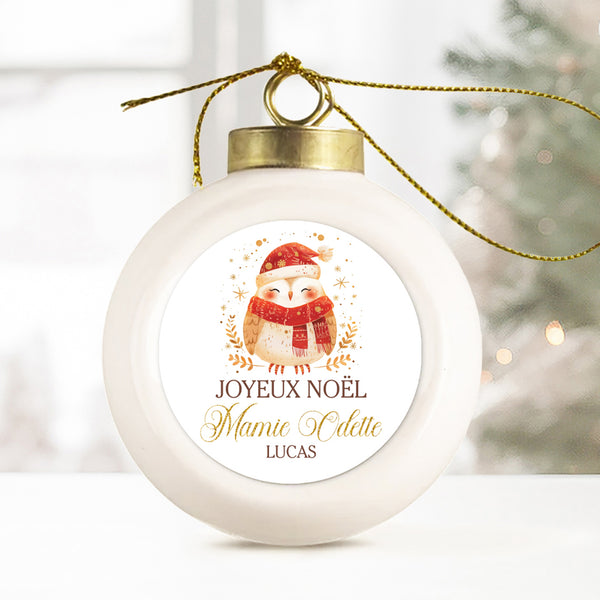 Boule de Noël en porcelaine personnalisée, Modèle Les Animaux d'un Noël en Or - Chouette