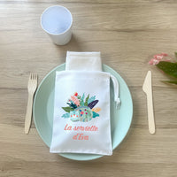 Serviette de table personnalisée pour enfant en maternelle + Pochon de rangement, Modèle Chat et Fleurs