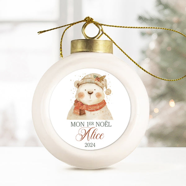 Boule de Noël en porcelaine personnalisée, Modèle Mémoire de Noël - Ours