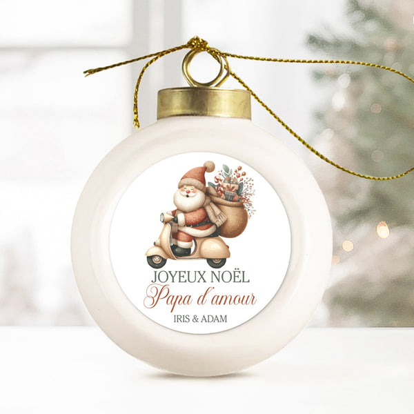 Boule de Noël en porcelaine personnalisée, Modèle Mémoire de Noël - Père Noël en Vespa