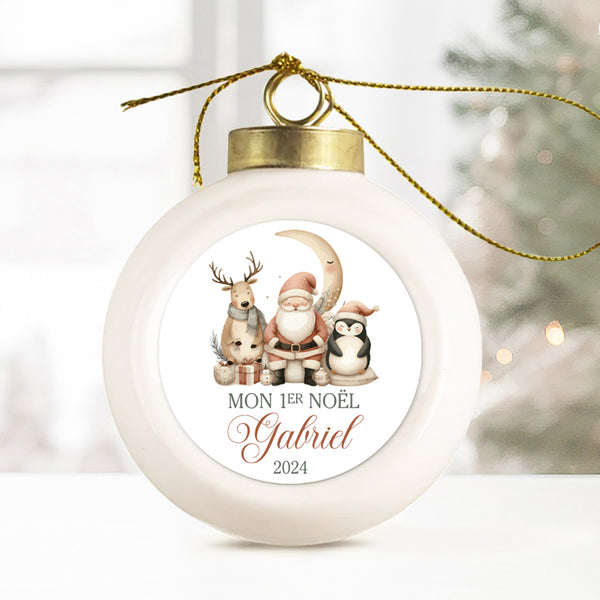 Boule de Noël en porcelaine personnalisée, Modèle Mémoire de Noël - Père Noël et ses amis