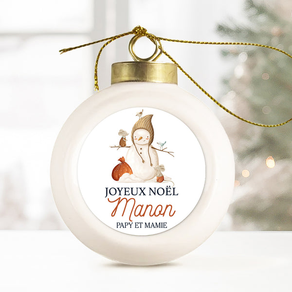 Boule de Noël en porcelaine personnalisée, Modèle Les animaux fêtent Noël - Souris et oiseaux