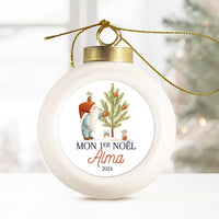 Boule de Noël en porcelaine personnalisée, Modèle Les animaux fêtent Noël - Lutin et Souris