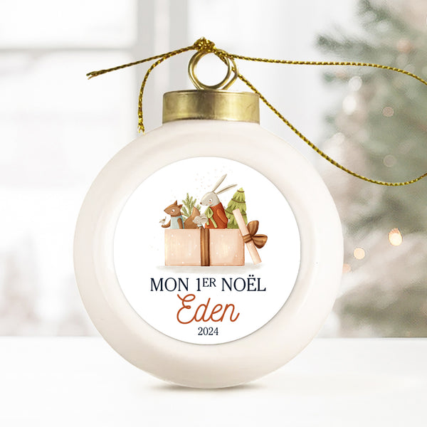 Boule de Noël en porcelaine personnalisée, Modèle Les animaux fêtent Noël - Boîte cadeau