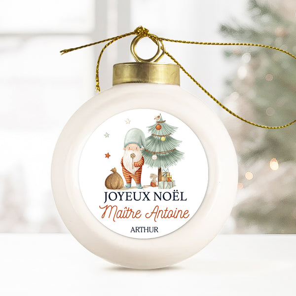 Boule de Noël en porcelaine personnalisée, Modèle Les animaux fêtent Noël - Lutin