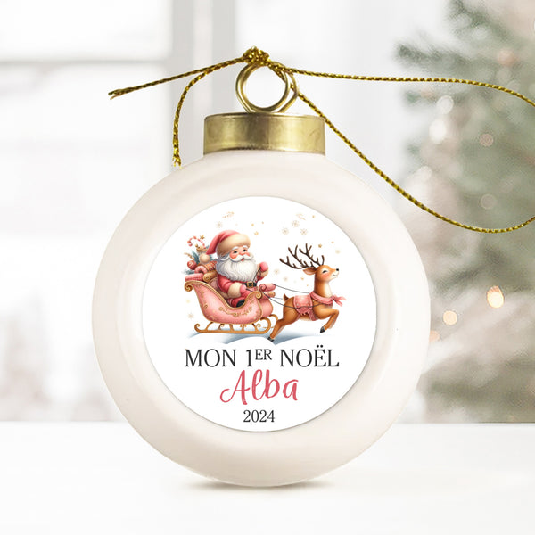 Boule de Noël en porcelaine personnalisée, Modèle Noël en Rose - Père Noël