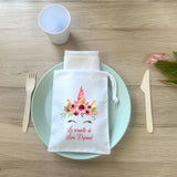 Serviette de table personnalisée pour enfant en maternelle + Pochon de rangement, Modèle Licorne Aquarelle Fuchsia