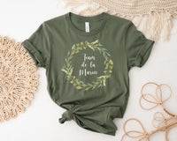 Tee Shirt EVJF personnalisé, Coupe ample unisexe, 100% Coton Bio éco-responsable, 40 couleurs au choix, Couronne de fleurs, Modèle feuillage