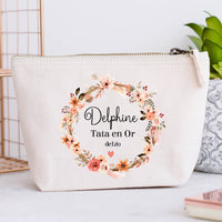 Grande Trousse coton personnalisée, Couronne de fleurs, Modèle Boho