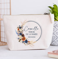 Grande Trousse coton personnalisée, Couronne de fleurs, Modèle Bohème Bleu et Terracotta