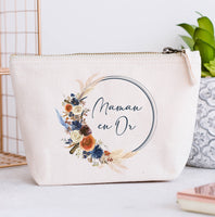 Grande Trousse coton personnalisée, Couronne de fleurs, Modèle Bohème Bleu et Terracotta