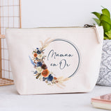 Grande Trousse coton personnalisée, Couronne de fleurs, Modèle Bohème Bleu et Terracotta