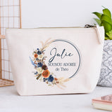 Grande Trousse coton personnalisée, Couronne de fleurs, Modèle Bohème Bleu et Terracotta