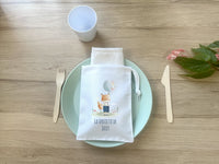 Serviette de table personnalisée pour enfant en maternelle + Pochon de rangement, Modèle Renard écolier