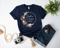 Tee Shirt EVJF personnalisé, Coupe unisexe, 24 couleurs au choix, Couronne de fleurs, Modèle Bohème Bleu et Terracotta