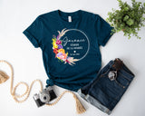 Tee Shirt EVJF personnalisé, Coupe ample unisexe, 100% Coton Bio éco-responsable, 40 couleurs au choix, Modèle Pivoines multicolores