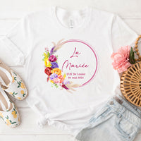 Tee Shirt EVJF personnalisé, Coupe ample unisexe, 100% Coton Bio éco-responsable, 40 couleurs au choix, Modèle Pivoines multicolores