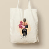 Tote Bag personnalisé, Modèle Femme ou jeune fille avec à bouquet un personnaliser