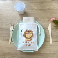 Serviette de table personnalisée pour enfant en maternelle + Pochon de rangement, Modèle Lion Boho
