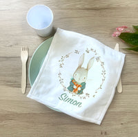 Serviette de table personnalisée pour enfant en maternelle + Pochon de rangement, Modèle Lapin Vintage