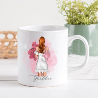 Mug personnalisé en céramique, 325 ou 430ml, Modèle Femme ou jeune fille avec un bouquet à personnaliser