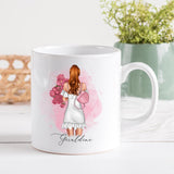 Mug personnalisé en céramique, 325 ou 430ml, Modèle Femme ou jeune fille avec un bouquet à personnaliser