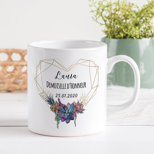 Mug personnalisé en céramique, 325 ou 430ml, Modèle Couronne de fleurs, Succulentes coeur