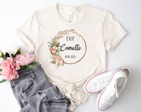 Tee Shirt EVJF personnalisé, Coupe unisexe, 24 couleurs au choix, Couronne de fleurs, Modèle Bohème