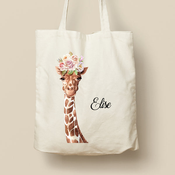 Tote Bag personnalisé, Modèle Girafe et Fleurs