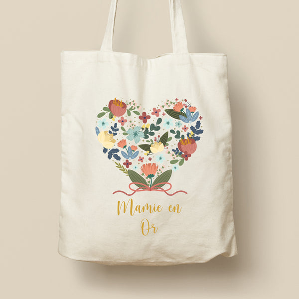 Tote Bag personnalisé, Modèle Coeur en fleurs vintage